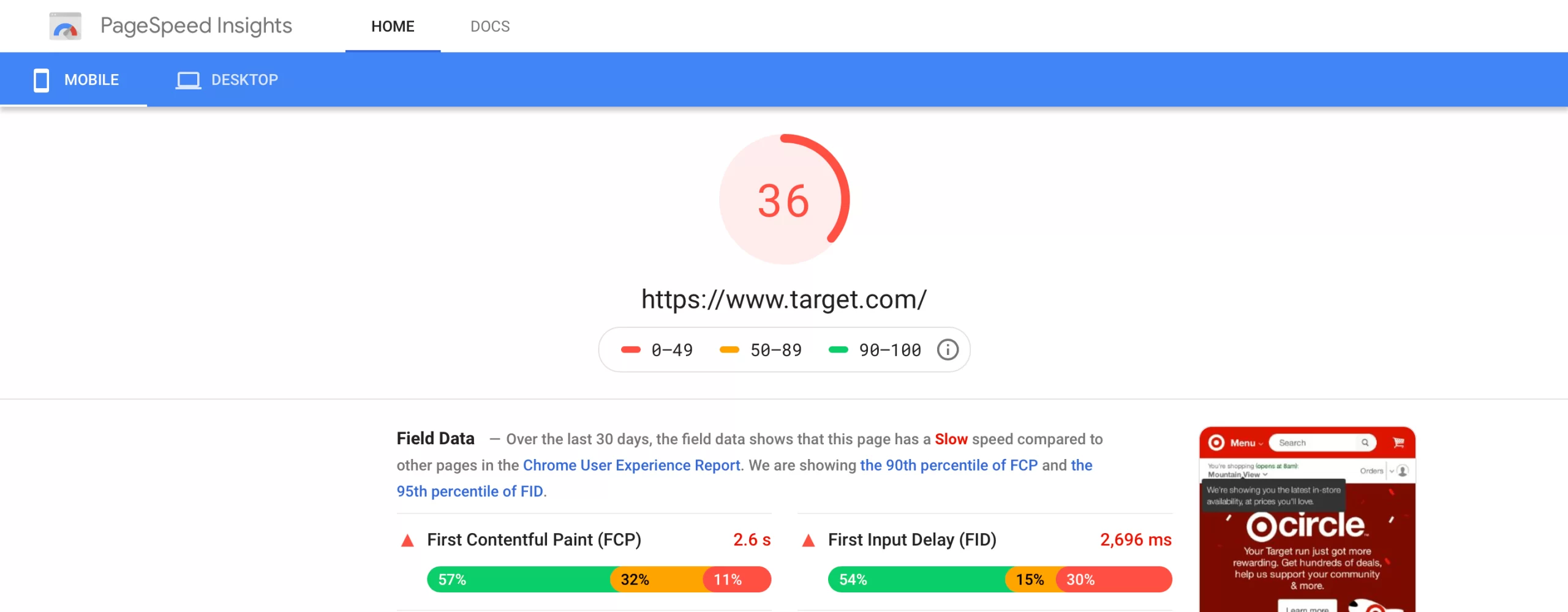 google page speed insights example